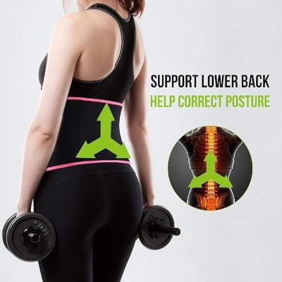 Person wearing a black tank top with green and pink design, holding dumbbells, on a white background with text about back support and posture correction.